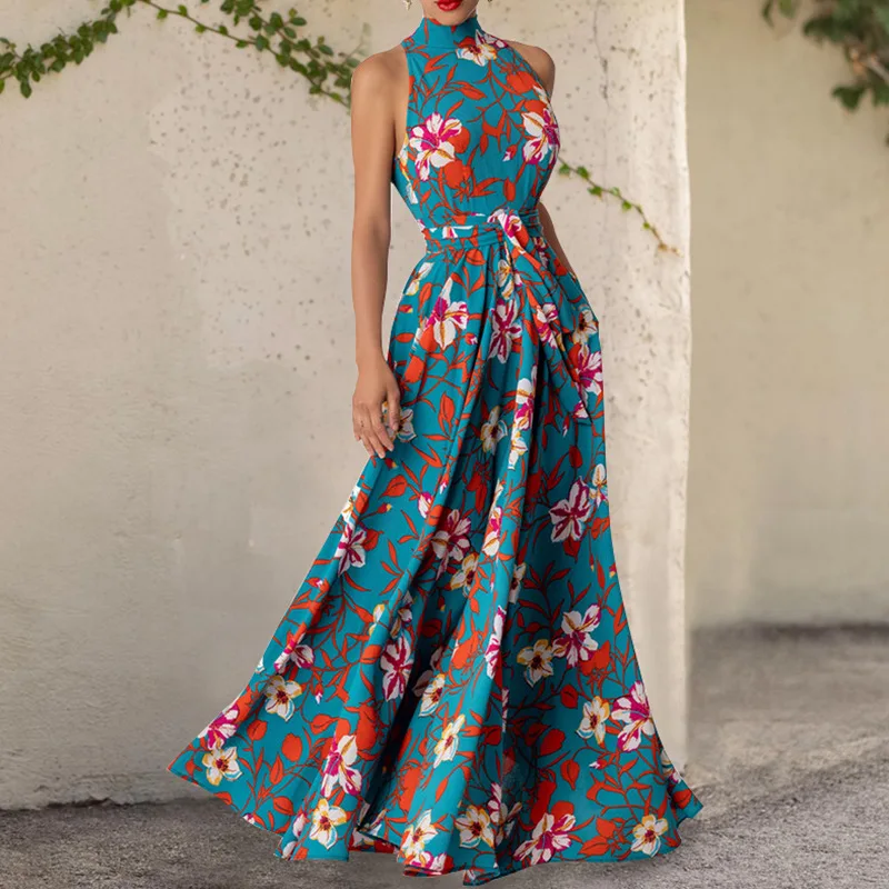 

Women's Summer Dress 2023 New Neck Lace-Up Printed Waist Collection Sexy Dress Free Shipping