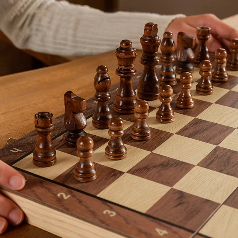 Magnetic Wooden Folding Chess Set Felted Game Board Interior Storage Family Gift 39*39cm for Adults and Kids