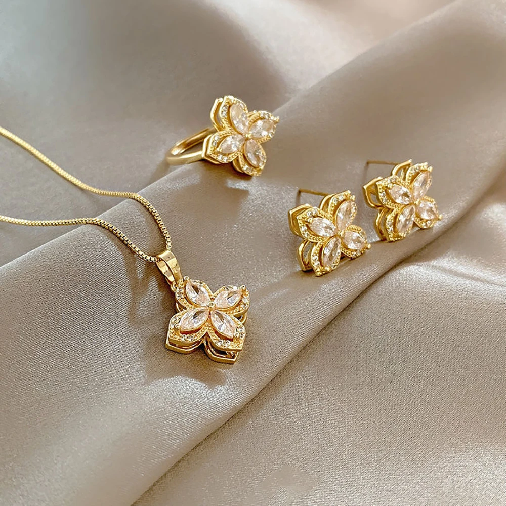 CARLIDANA 3pcs Set Rotatable Flower Fidget Ring Anxiety Stress Relieve Creative Earrings Spinning Mood Four Leaf Clover Jewelry