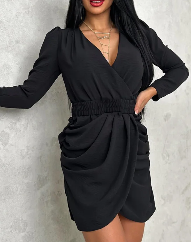 

Womens Dress Spring Sexy Plunge Long Sleeve Wrap Mini Dress Plunge Long Sleeve Plain V-Neck Irregular Dress Y2K Streetwear