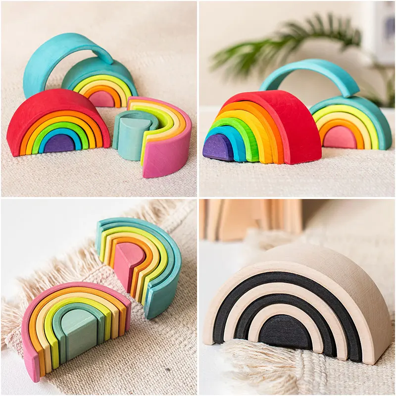 Wooden Rainbow Building Blocks Stacking Game for Kids