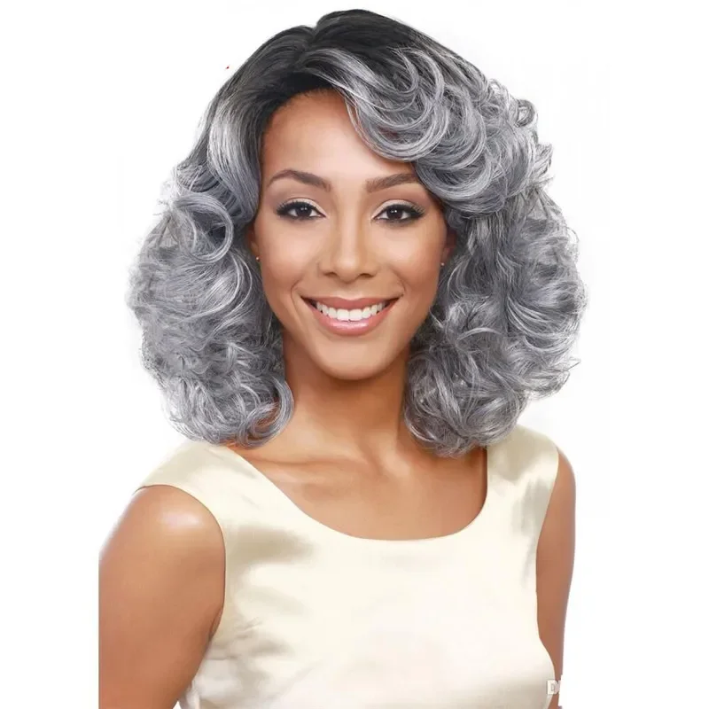 Grandmother grey wig ombre short wavy synthetic hair wigs curly african american women heat resistant fiber black