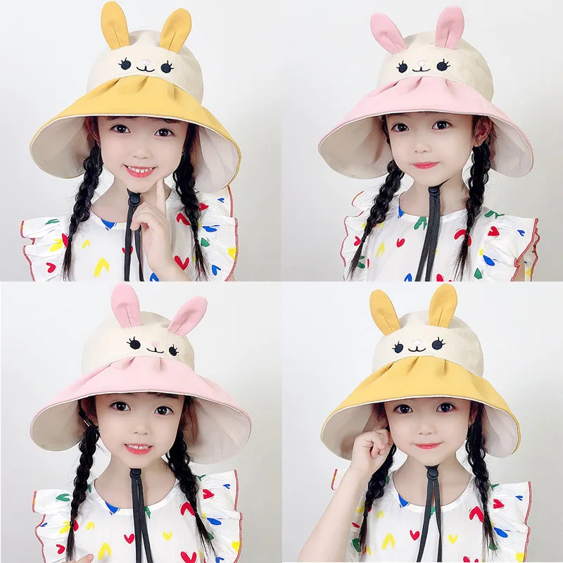 

Spring Summer Cute Cartoon Bunny Hat Girls Outdoor Sun Hats Large Brim with Windproof Rope Children Hats Caps 5-12years Old