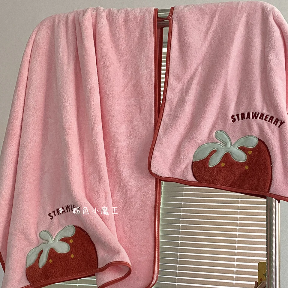 Strawberry Embroidery Face Towel Couples Cute Daily Ins Home Household Strong Absorbent Soft Coral Fleece New Simple Microfiber 4
