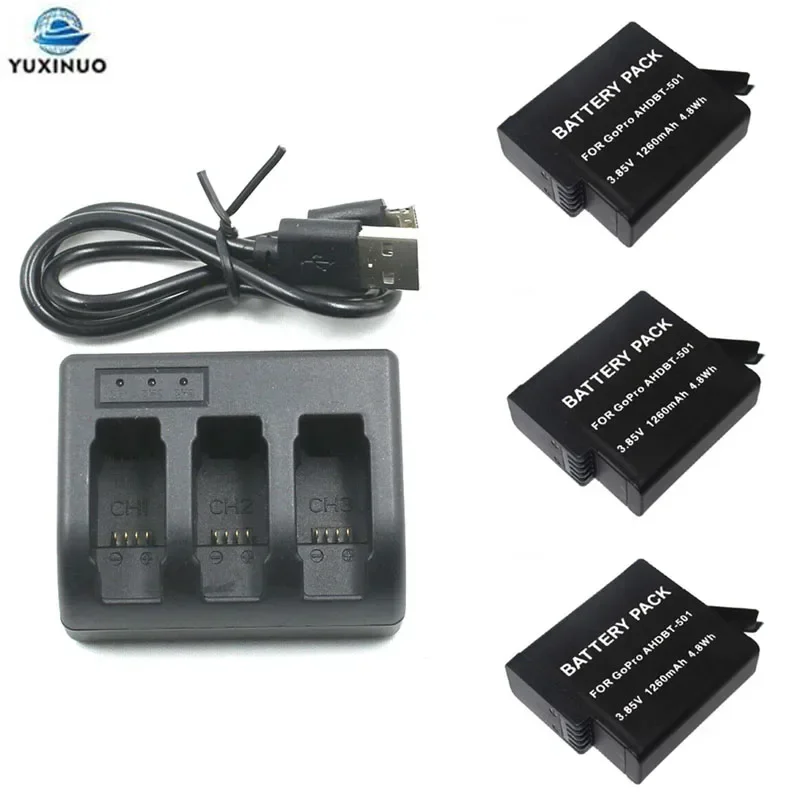 3.8V 1250mAh AHDBT-501 AHDBT601/501 Battery + 3 Ports USB Charger for GoPro Hero 7 6 5 Hero7 Black Hero6 Hero5 Action Camera 3pcs go pro battery 3 way charger for gopro hero7 hero6 hero5 action camera bateria accessories