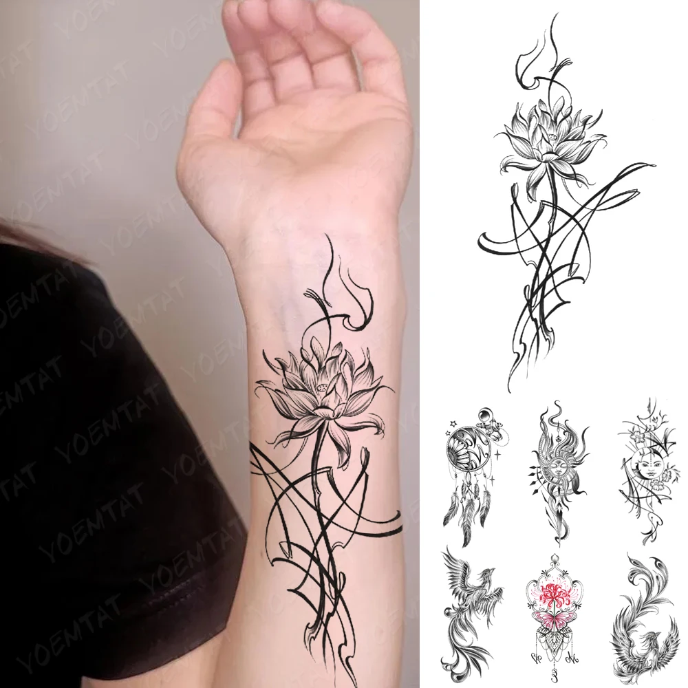 

Waterproof Temporary Tattoo Sticker Black Line Sketch Flower Rave Festival Sexy Thigh Tato Body Art Arm Fake Tattoos Men Women