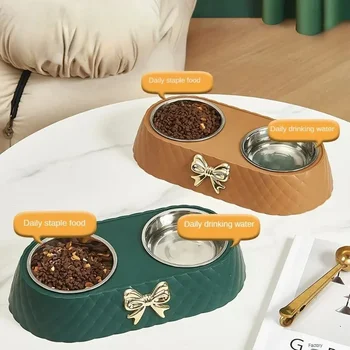 1PC Pet Pet Dog and Cat Food Bowls Bowtie Dog Food Drinking Double Bowl Pet Supplies 5