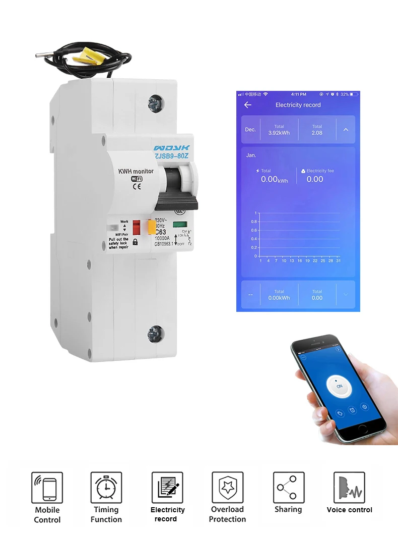 RS485 스마트 홈용 알렉사 및 구글 홈과 호환되는 에너지 모니터링 기능이 있는 1P WiFi 스마트 회로 차단기