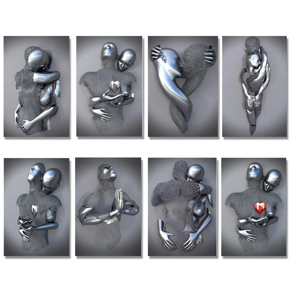 Love Heart Gray-3d Art Wall Metal Figure Sculpture Couple Hanging Painting  For Home