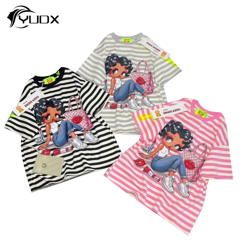 

YUDX Original 2024 New Spring Women Short Sleeve T-shirt American High Street Cartoon Stripes Casual Top Beads Loose Cotton Tees