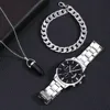 Kegllect 3PCS Men Quartz Watch Business Fashion Mental Wrist  Stainless Steel Strap and Necklace Bangle Set Ideal for Boys 2