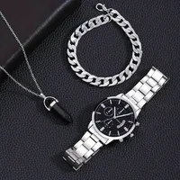 Kegllect 3PCS Men Quartz Watch Business Fashion Mental Wrist  Stainless Steel Strap and Necklace Bangle Set Ideal for Boys 2