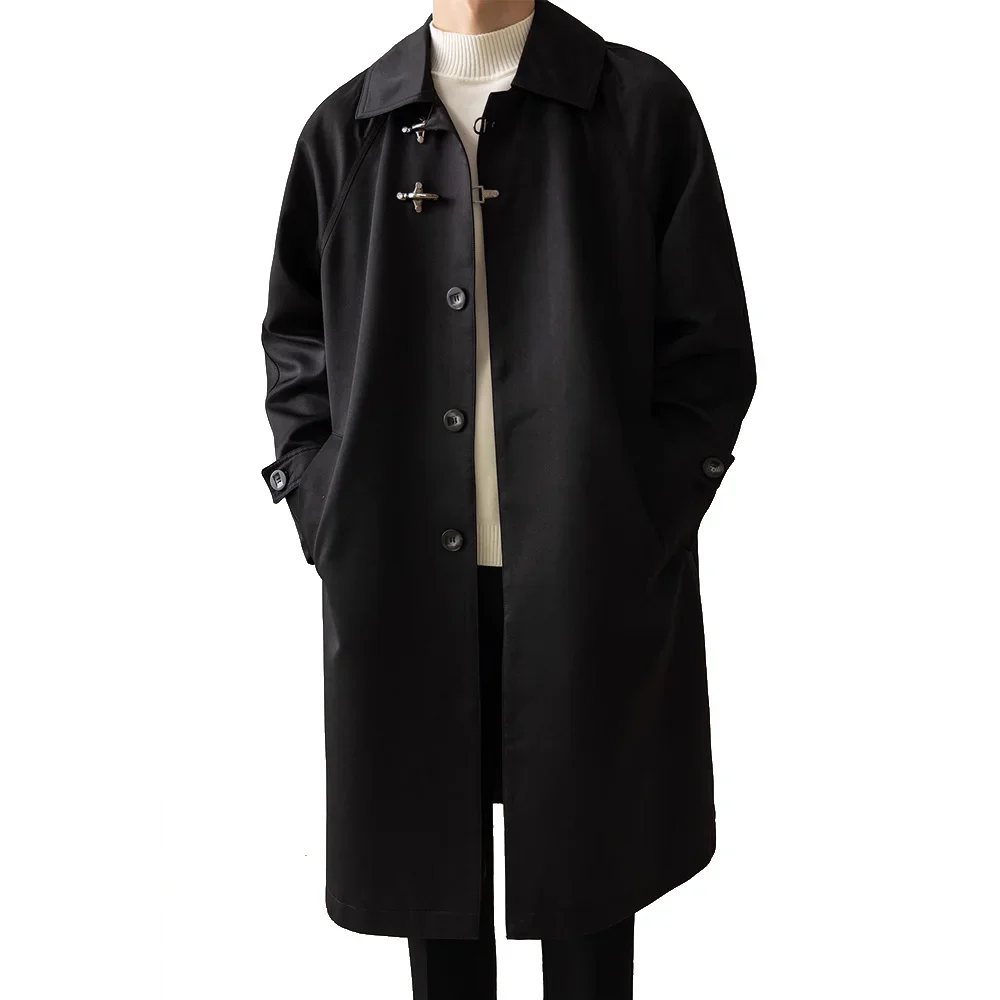 Men Japanese Korean Fashion Loose Casual Mid Length Vintage Trench Coat Male Long Windbreak Jacket Outerwear Trenchcoat