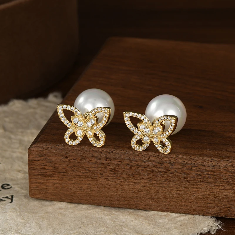 S925 Elegante Schmetterling Voller Zirkon Licht Luxus Perlen Stud Ohrringe Für Frauen Französisch Hochzeit Edlen Schmuck Für Frauen Zubehör – Detail 7