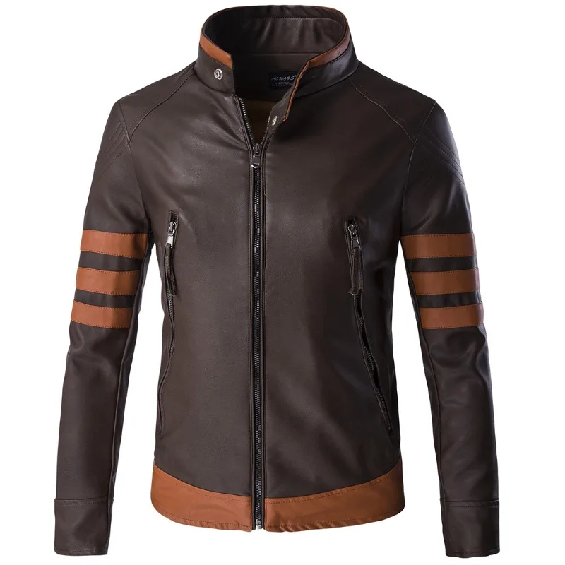 2023 New Men Leather Clothing with Stand Collar Men Slim Large Size Stitching Biker Leather Jacket Casual Versatile Outerwear