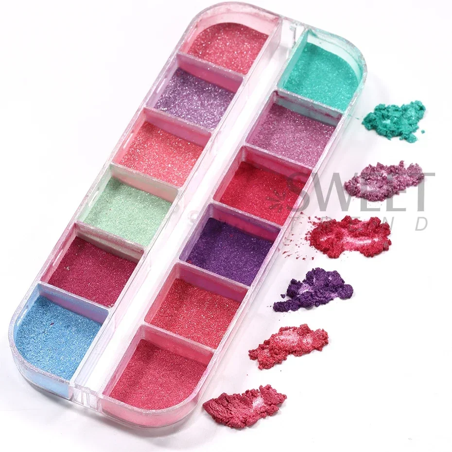 12Grids Colorful Mirror Nail Glitter Shimmer Mermaid Pearl Powder Chrome Pigment Fine Rubbing Dust Reflective Fariy Polish Decor