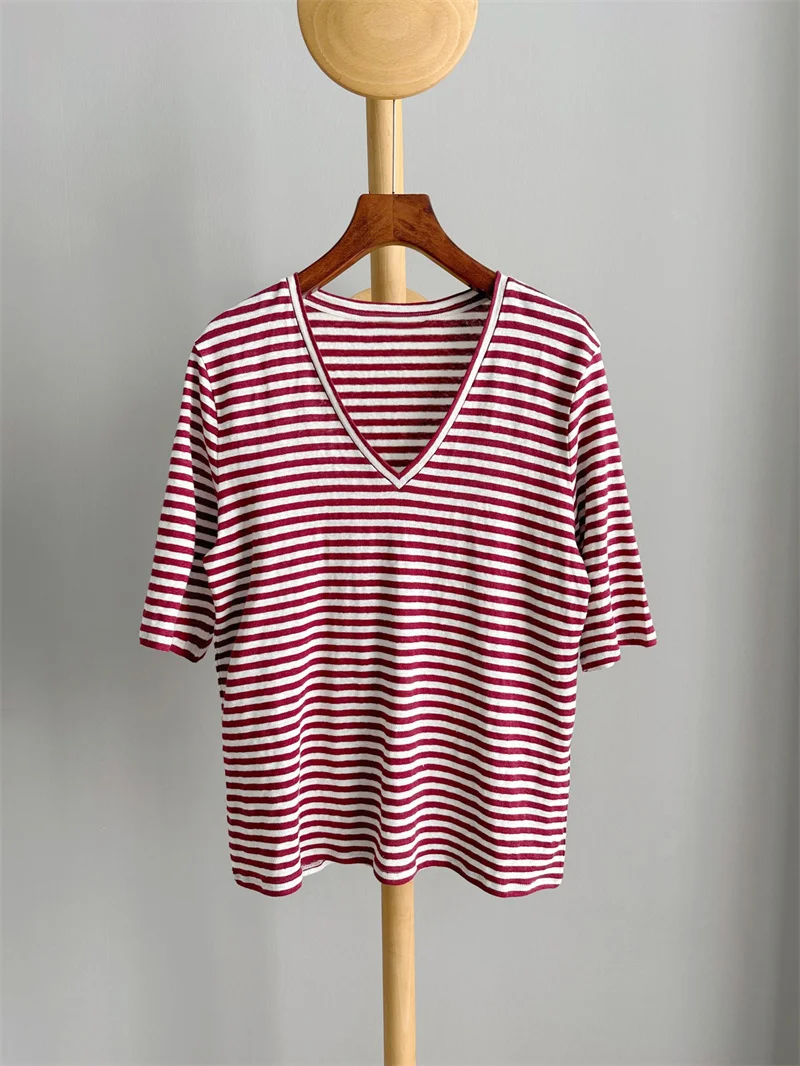 

2023 Summer New Linen Striped T-shirt Woman