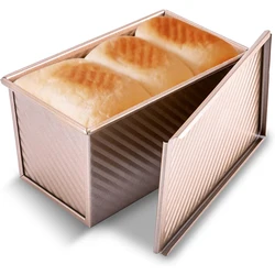 Non-Stick Carbon Steel Pullman Loaf Pan with Lid - Rectangle Corrugated Toast Box and Cake Mold (Gold)
