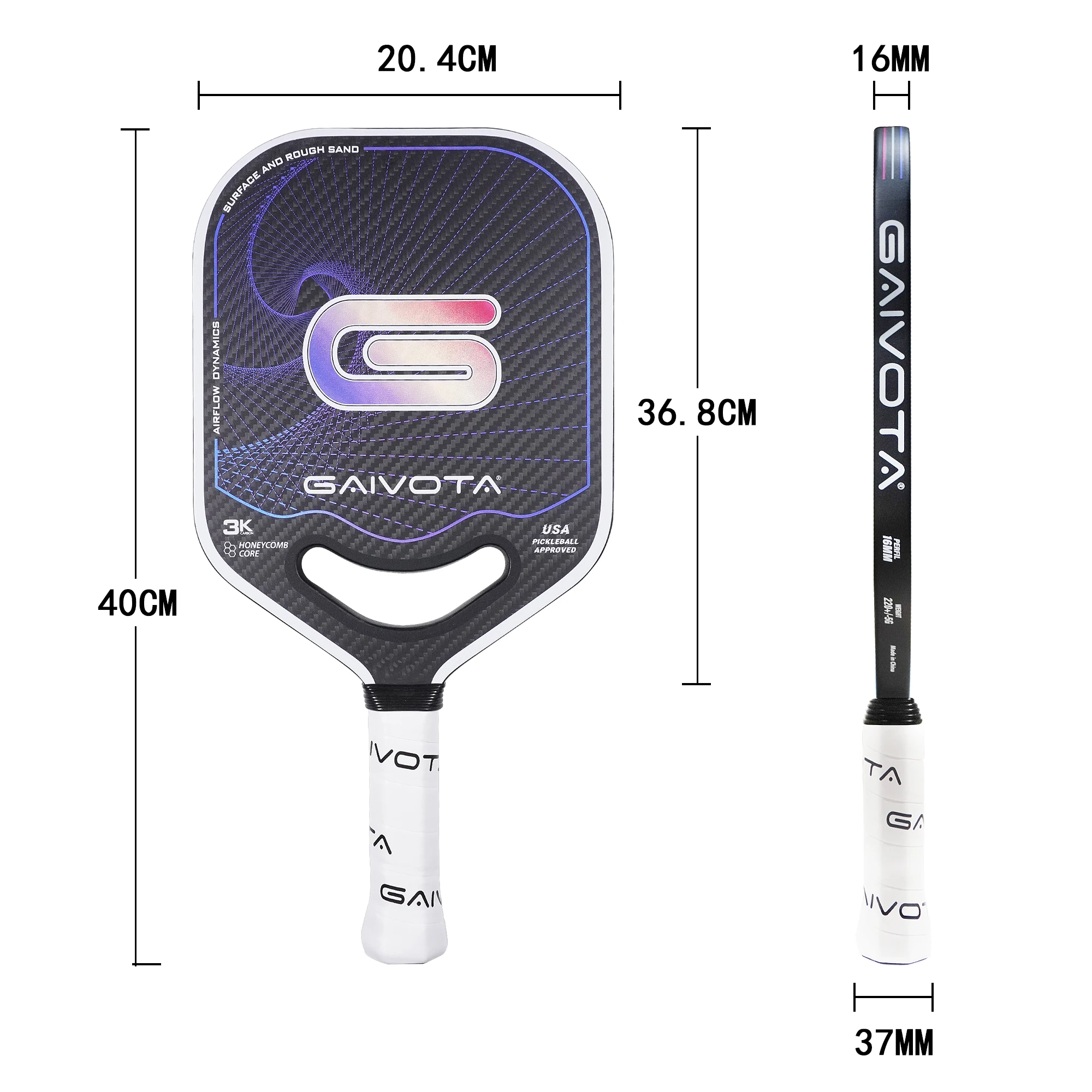 Pickleball Racket Carbon Fiber 3K Lightweight Frameless 16mm Surface Coarse Sand Rotation Control GAIVOTA-PK10 pickleball paddles set