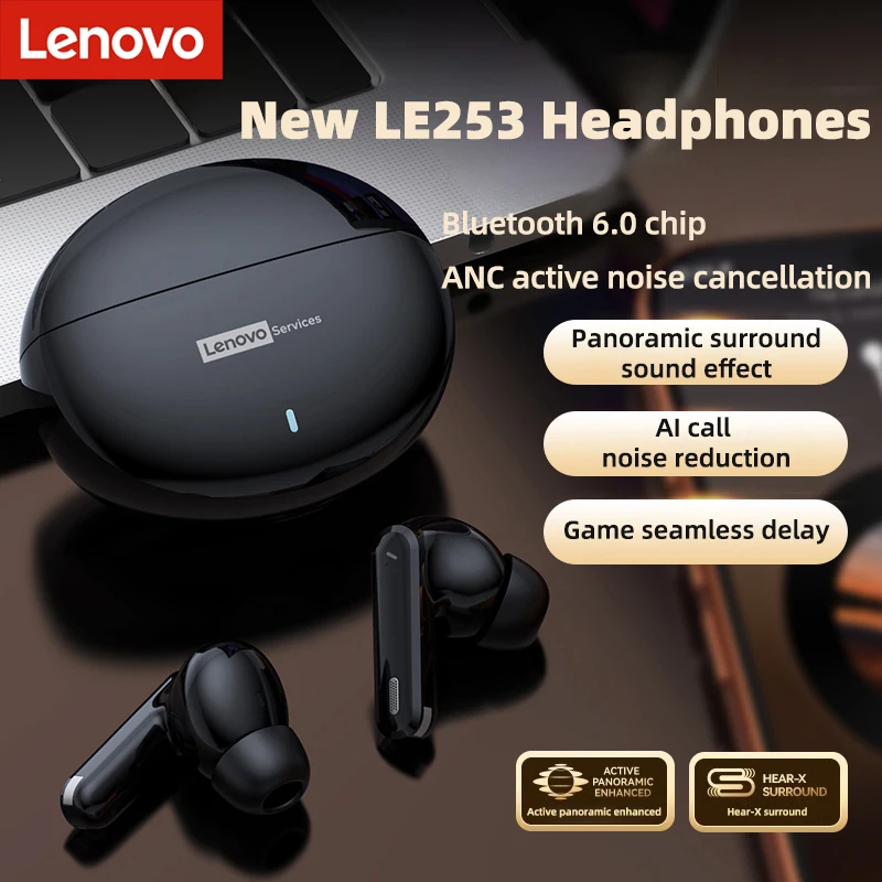 레노버 LE253 무선 블루투스 6.0 헤드폰 TWS HiFi 사운드 ANC 소음 감소 이어폰 마이크가 포함된 게임용 스포츠 이어버드 새 제품