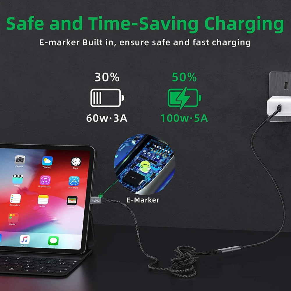 USB C Cable 3.1 Gen2 10Gbps Extension Type C to PD 100W QC4.0 3.0 5A Fast Charging For MacBook Pro 4k 60Hz Video