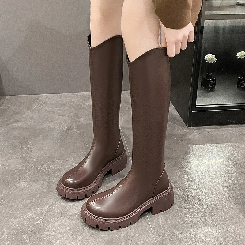 

Женские Нескользящие сапоги на молнии сзади, элегантные однотонные сапоги до колена, с круглым носком, Осень-зима