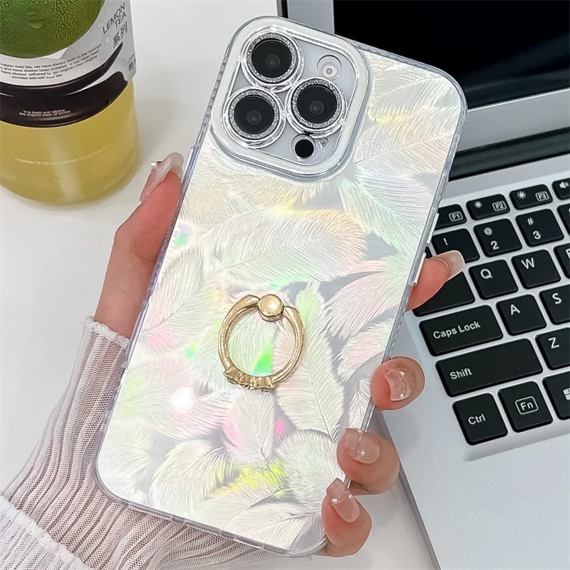 Coque de téléphone Camlet Feather Ring Holder Laser pour iPhone 16 Plus 15 14 13 Pro Max Hard PC Glitter Camera Protection Back Cover_voghion.com