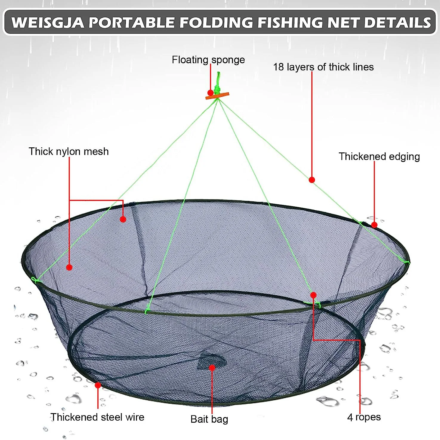 thumbnail image 2 of Foldable Drop And Pier Fishing Net, Portable Bridge Net,Crab Bait Shrimp Net Wit 2 of 11