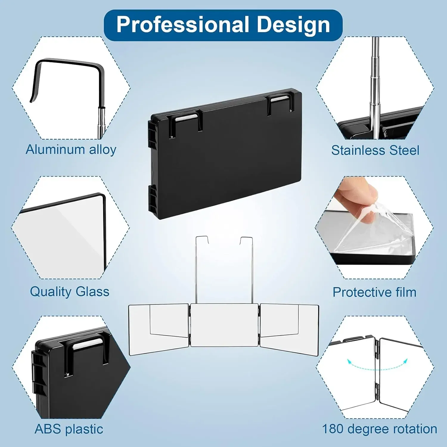 3 Folding Mirror 360 Full Body Professional Mirror for Men's Haircuts Shaving Women's Makeup with Retractable Hooks