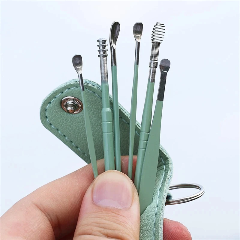 New 6Pcs/set Ear Cleaner Wax Pickers Earpick Wax Remover Curette Ear Pick Cleaner Kit Spoon Care Ear Clean Tools Stainless Steel 6