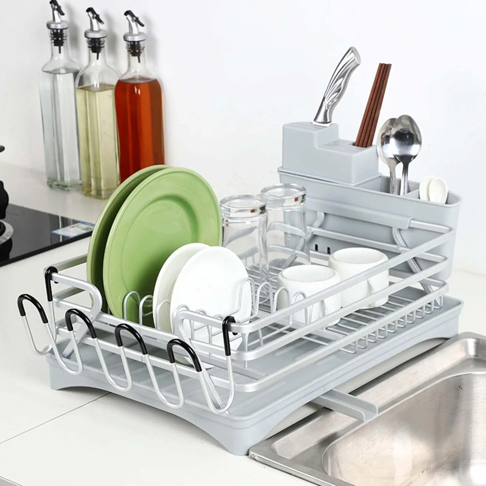 Aluminum Dish Rack with Cutlery Holder Removable Drainer Tray, Silver 