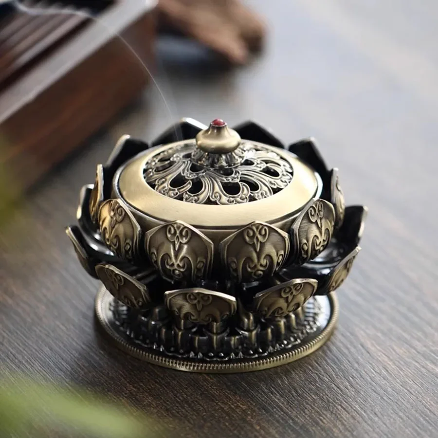 

Decoration Incense Burner Ornament Vintage Alloy Oriental Incense Burner Lotus Chinese Traditional Gold Incensario Home Decor