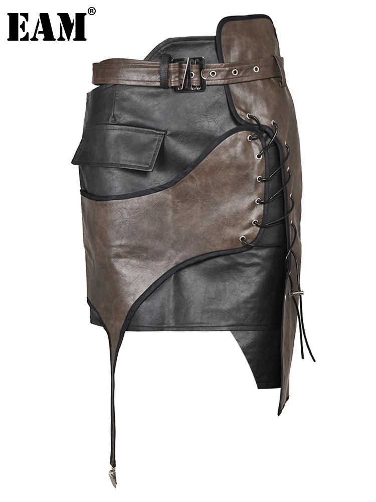 

[EAM] High Waist Belted Brown Irregular Pu Leather String Half-body Skirt Women Fashion Tide New Spring Autumn 2024 1DE422916