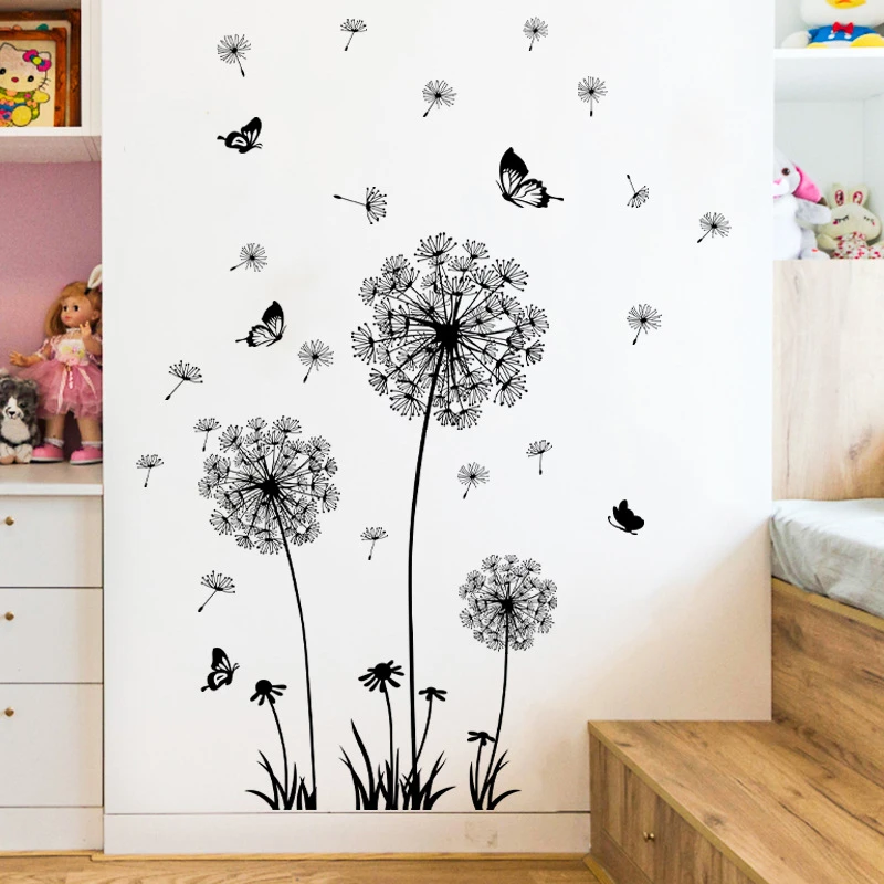 Colorful dandelion butterfly dancing wall stickers 3D landscape decoration stickers, living room corridor self-adhesive decorati