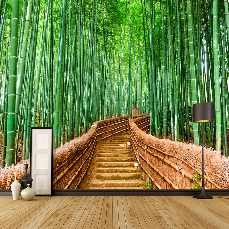 Papel de Parede 3d Estilo Chinês Caminho de Bambu Verde Paisagem da Natureza Mural de Parede para Foto Sala de Estar Restaurante Cenário Decoração de Casa