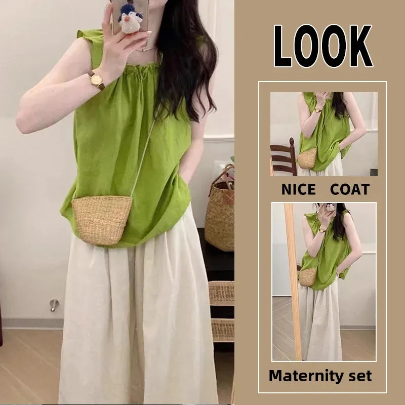 Maternity Suit Summer Matching Set Elegant Age-Reducing Stylish Green Top Pants 2-piece Set For Pregnant Women