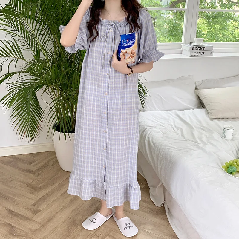 

Plaid Ruffles Nightgown Out Wear Single Breasted Off The Shoulder Summer Dress Homewear Sleepdress Women Cute Short Sleeve D404