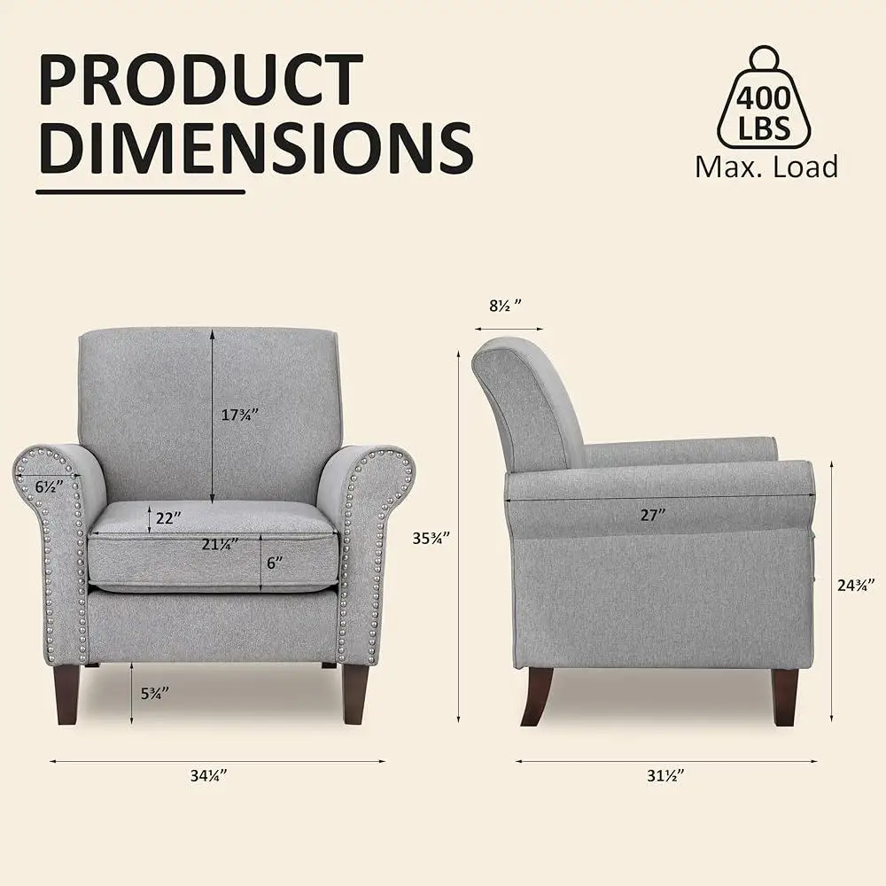 Comfy Accent Chair Set of 2 Mid Century Modern Fabric Living Room Chair Ergonomic Armchair with Soft Cushion Nailhead Trim 4