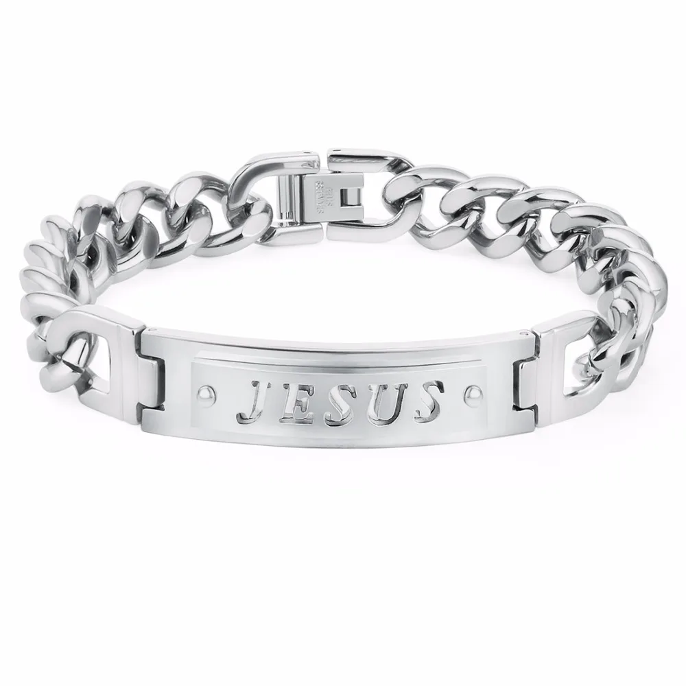 Men's Silver Stainless Steel Jesus Link Chain Bracelet