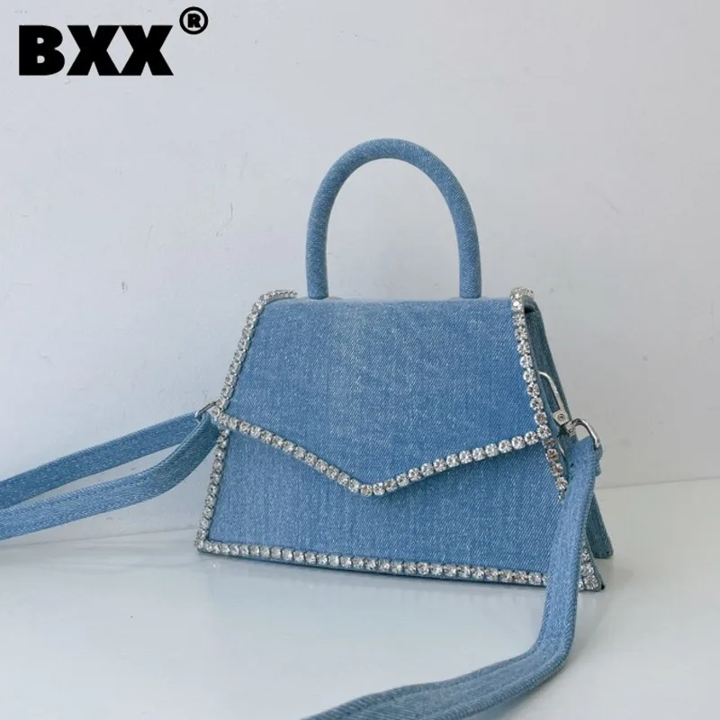 

[BXX] Protable Envelope Bag Women's 2023 New Korean Canvas Spliced Denim Rhinestone Triangle Shoulder Crossbody Bags Tide 8AB77