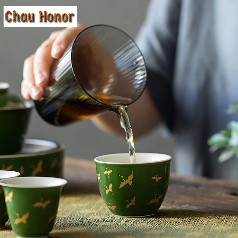 2pc/set Retro Emerald Gold Crane Art Ceramic Tea Cup Large Single Master Cup Household Kung Fu Tea Set Teaware Drinkware 75ml
