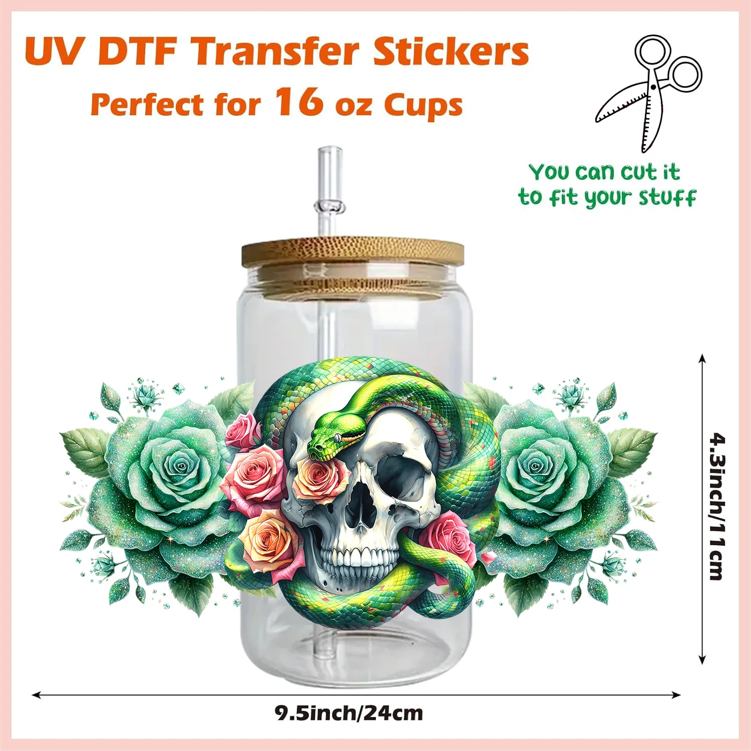 Skull Series easy peel waterproof DIY Decals Retro Beauty 3D transfers uvdtf crystal sticker 16oz uv dtf cup wraps