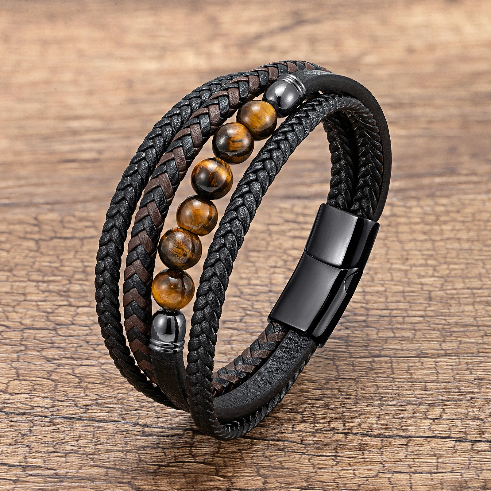 Natural Round Lava Stone Beaded Charm Bracelet Men Multilayer Woven Leather Bracelet Fashion Tiger Eye Jewelry Boyfriend Gift