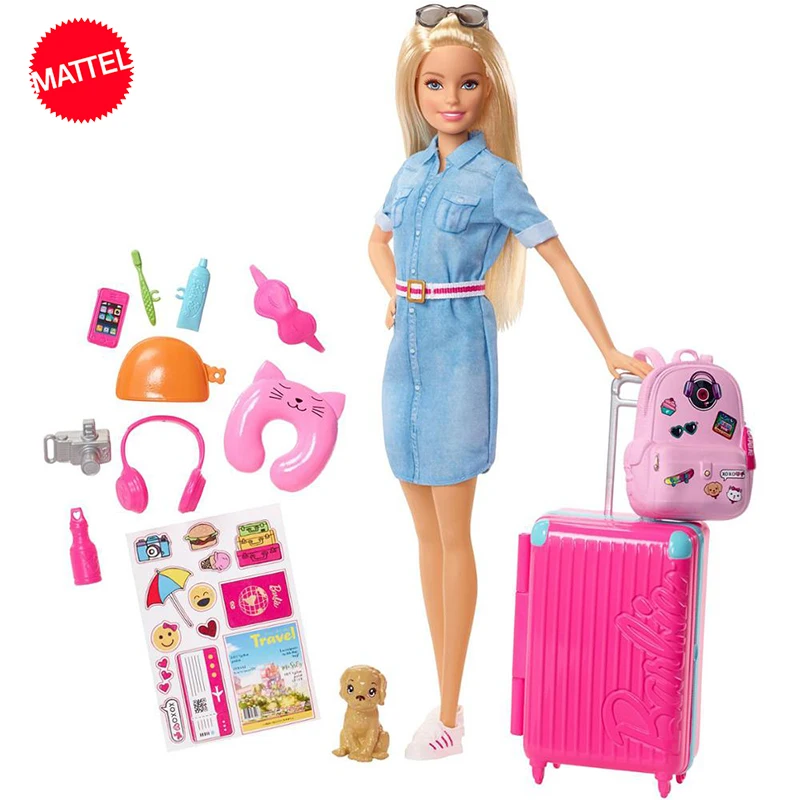

Original Mattel Barbie Travel Doll with Suitcase BackPack Accessories Toys for Girls Educational Props Children Birthday Gift
