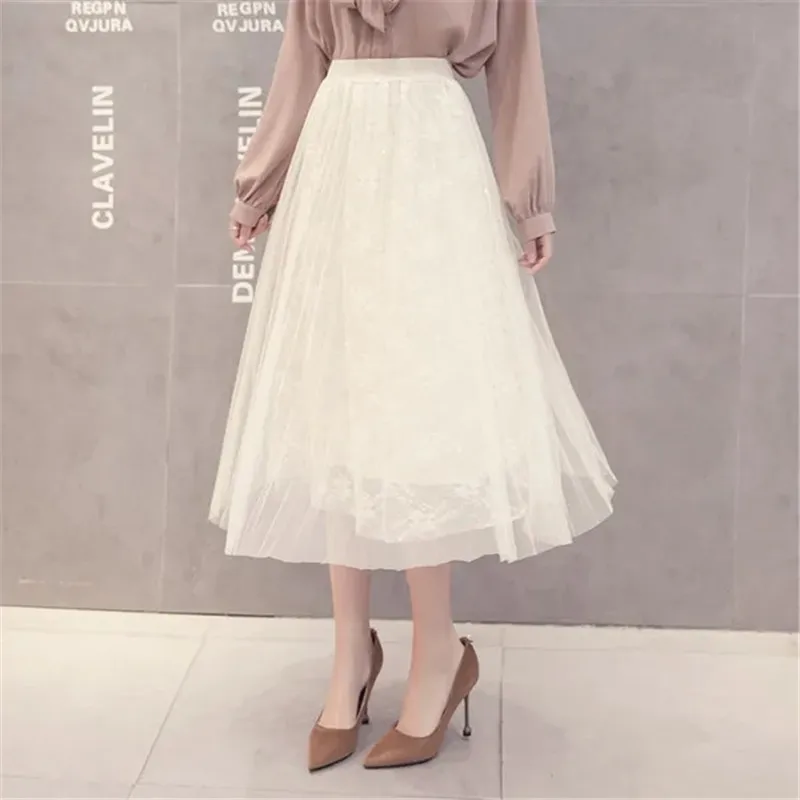 Spring Autumn Women's High Waist Pleated Solid Color Half Length Elastic Skirt Promotions Lady Black Tulle Skirts Midi new |