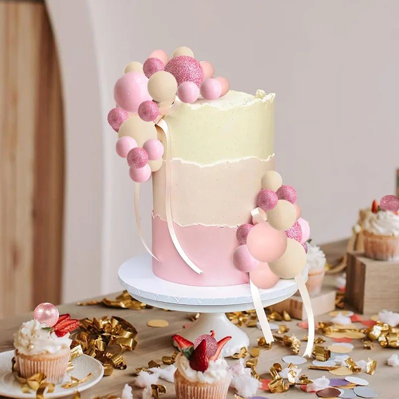48Pcs/set Pink Theme Cake Decoration Balls Cake Topper DIY Cupcake Dessert Insert Foam Balloons Birthday Party Wedding Supplies