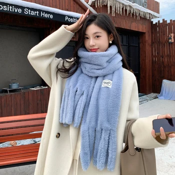 Winter Plush Solid Scarf for Women Thick Warm Long Tassel Shawls Neck Protection and Cold-proof Scarves New Luxurious Muffler