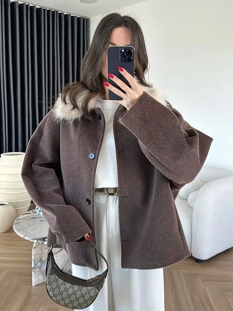 Fashion Women's Woolen Coat Fur Collar Lapel Pocket Solid Warm Loose Fit Coats 2025 Autumn Winter Elegant Female Streetwear