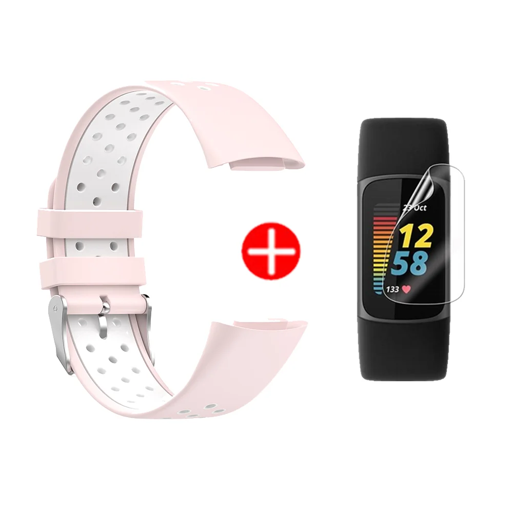 Silicone Watch Strap For Fitbit Charge 5 correa Smartwatch Colorful Wristband Bracelet Band+Screen Protector soft film Cover 