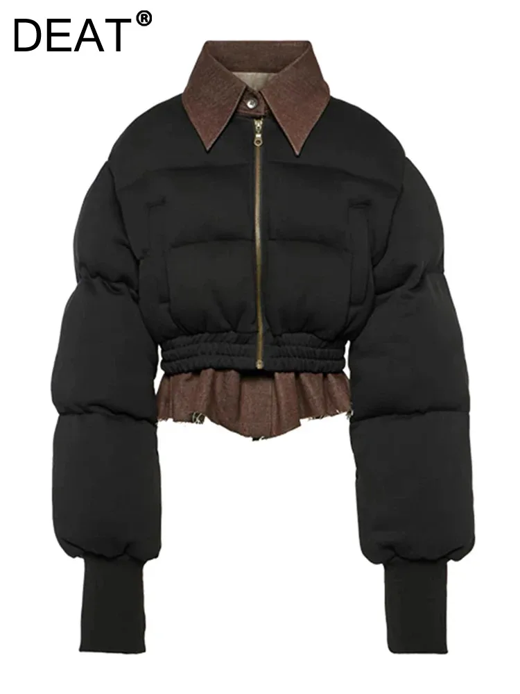 

DEAT Fashion Women Cotton-padded Coat Fake 2 Pcs Lapel Loose Zipper Patchwork Thick Short Parka Jackets Winter 2023 New 7AB2671